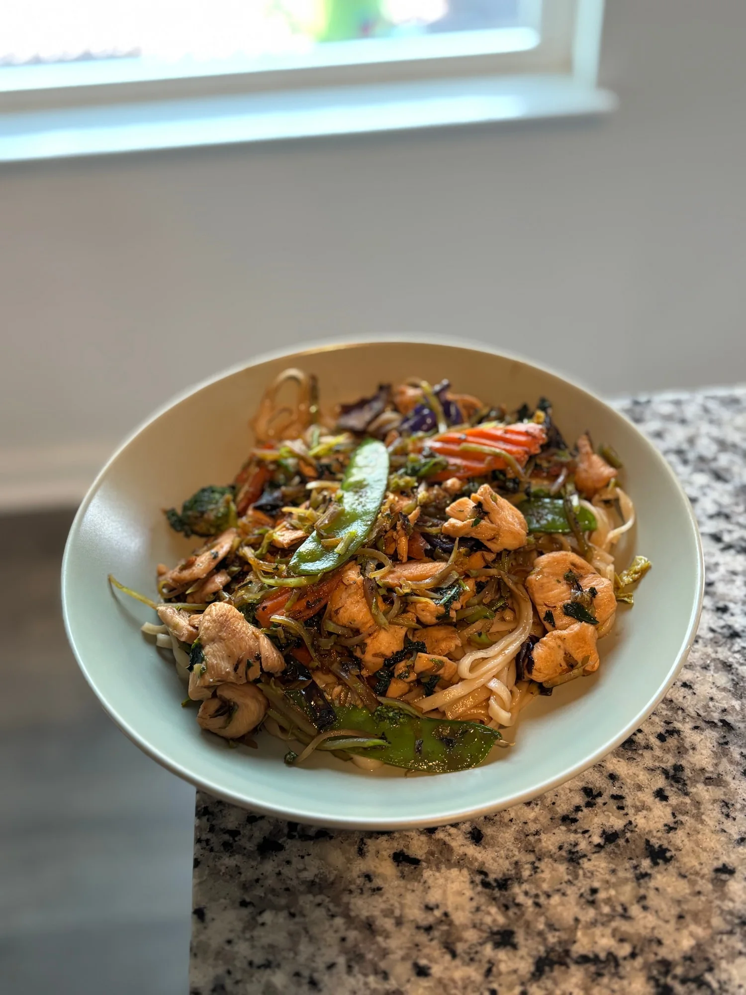 Chicken lo mein with snap peas and shrimp in a bowl by a window